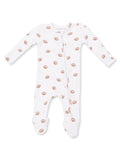 White infant onesie with football prints, featuring a front zipper and long sleeves.