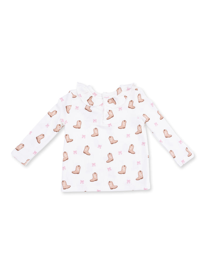 White long-sleeve shirt with a cute boot and pink bow print.