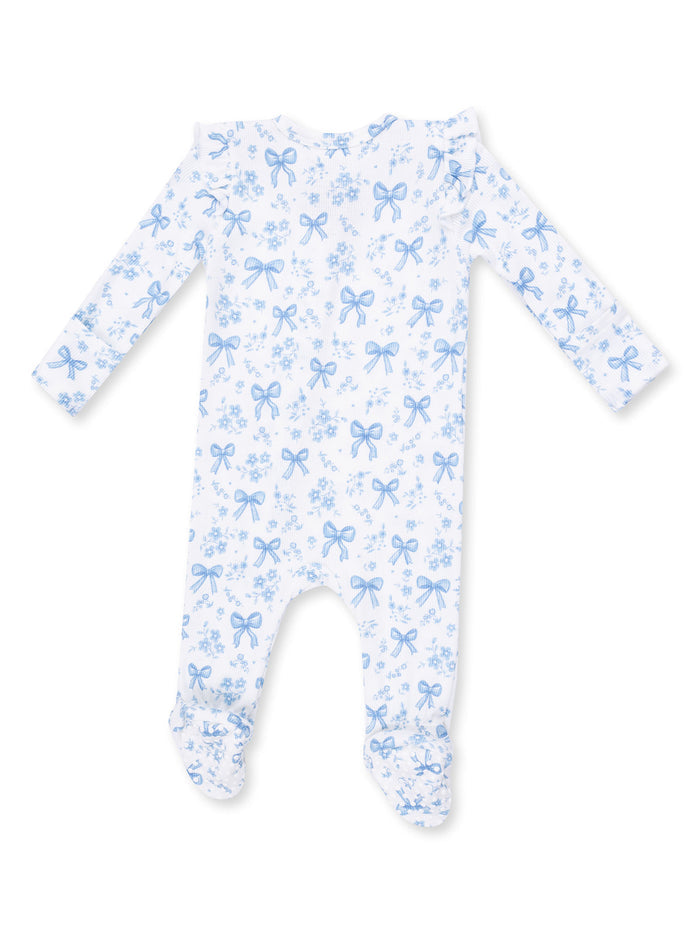 White baby onesie with blue bow and floral pattern, featuring long sleeves and footed design.