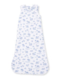 Children's sleep sack featuring blue animal and nature patterns on a white background. Ideal for cozy bedtime.