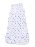 Sleeveless baby sleep sack with blue floral pattern on a white background.