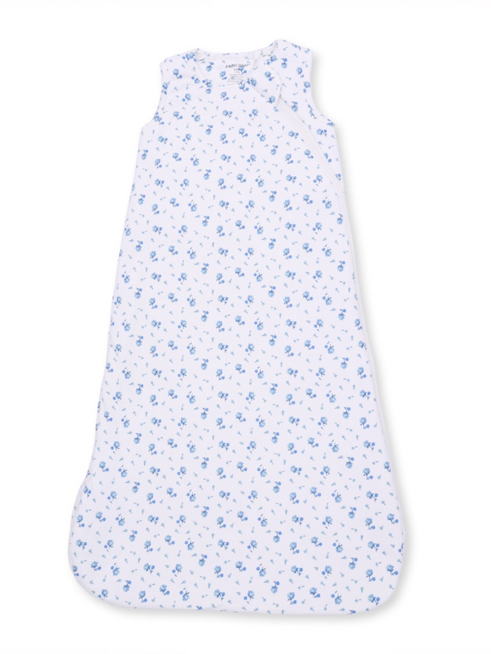 Sleeveless baby sleep sack with blue floral pattern on a white background.