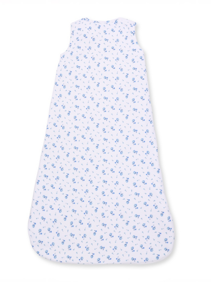 Blue floral pattern sleeveless baby sleeping bag on a white background.