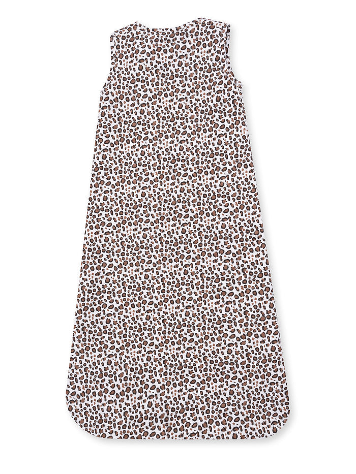 Sleeveless leopard print dress with a white background, featuring brown and black spots. Ideal for warm weather.