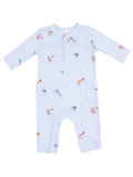 Light blue baby romper with colorful fish designs, featuring long sleeves and pockets. Ideal for casual wear.