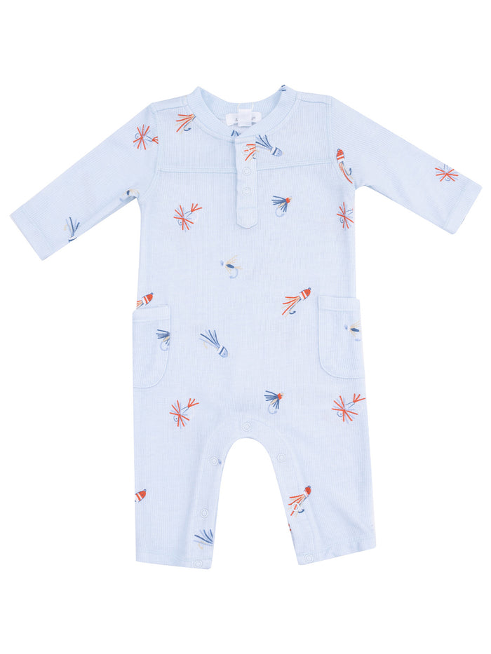 Light blue baby romper with colorful fish designs, featuring long sleeves and pockets. Ideal for casual wear.