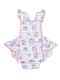 Floral patterned baby romper with ruffled straps and buttons at the bottom, designed for comfort and style.