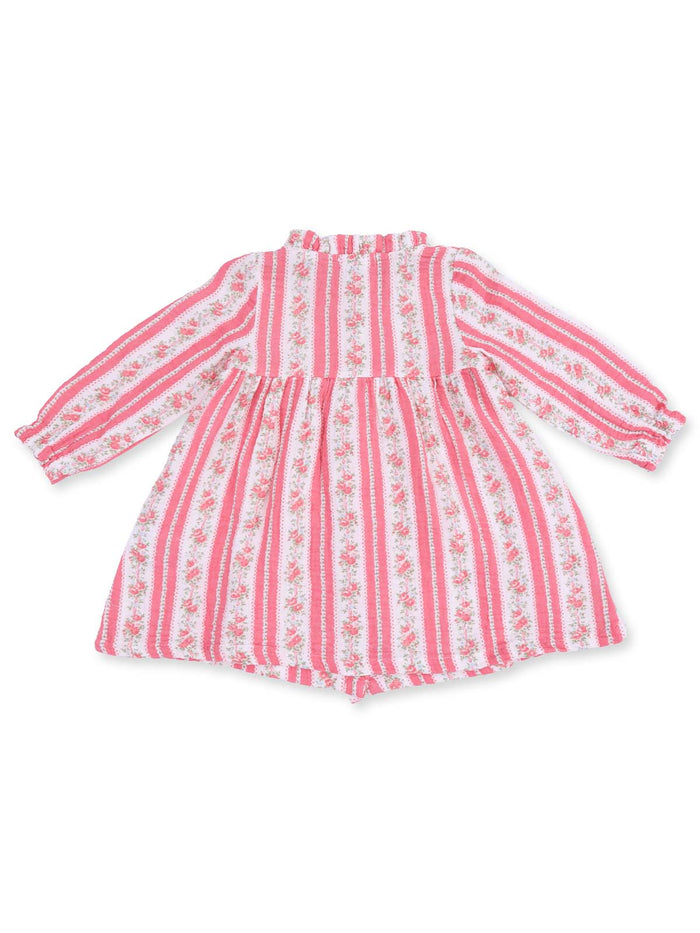 Pink and white striped dress with floral print and long sleeves for children.