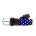A dark brown woven elastic belt with a silver buckle and clasp, featuring a patterned design and stamped logo.