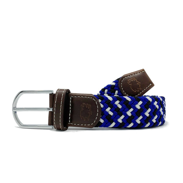 A dark brown woven elastic belt with a silver buckle and clasp, featuring a patterned design and stamped logo.