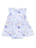 Light blue floral baby dress with ruffled sleeves and snap closure, perfect for warm weather.