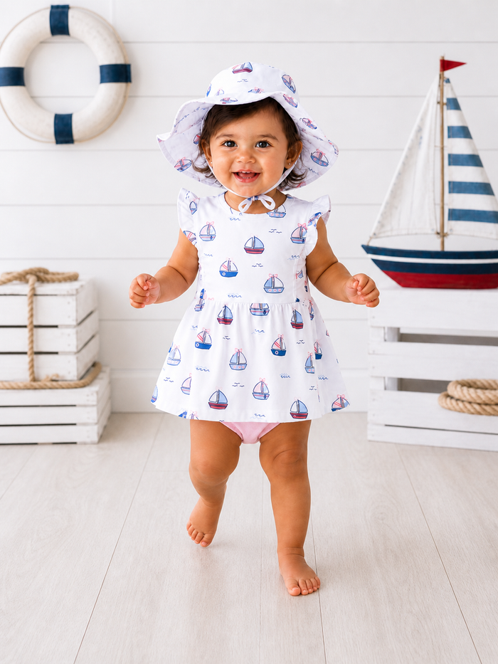 Smiling toddler in a sailboat-patterned dress and hat, playing in a bright, nautical-themed room.