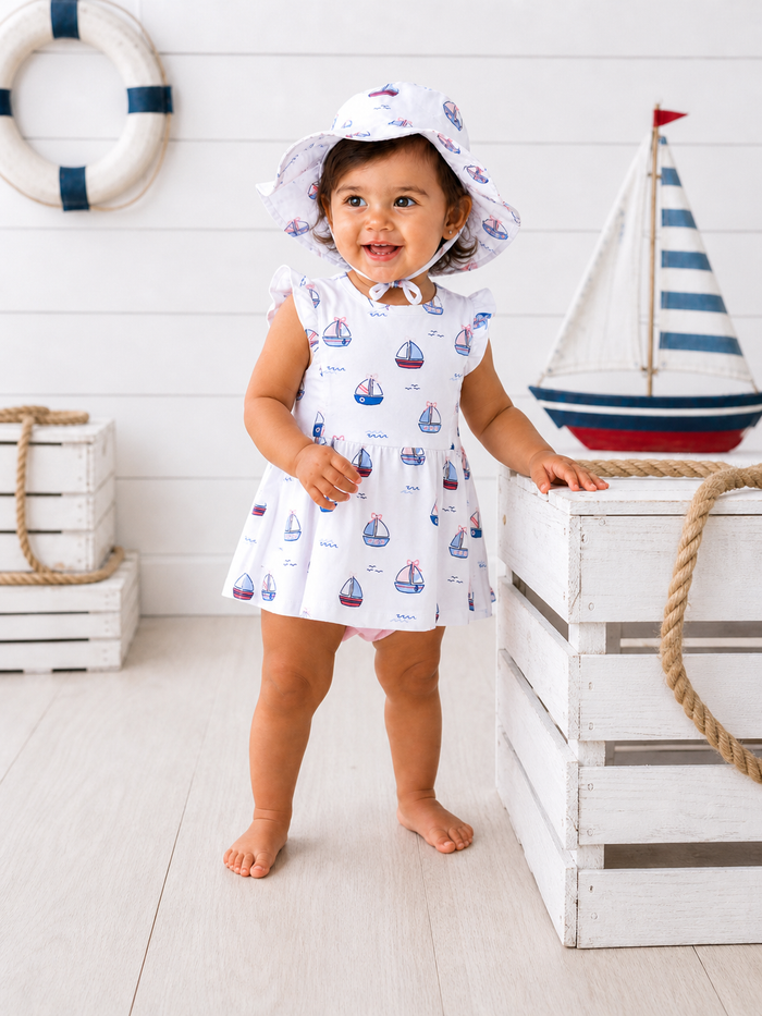 Smiling toddler in a boat-patterned dress and hat, standing beside wooden crates and a sailboat decoration.