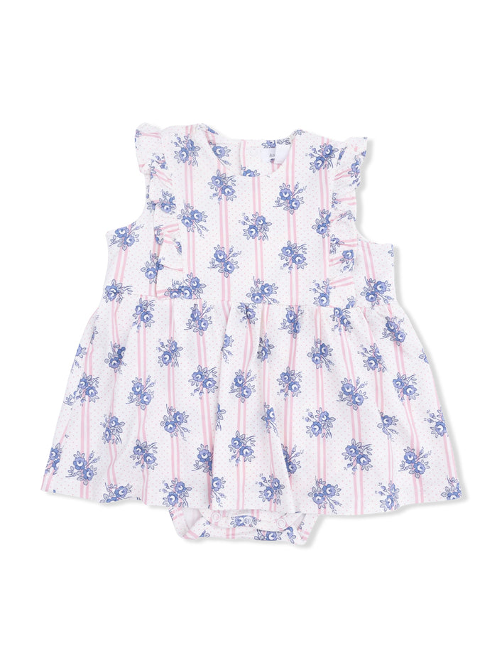 Floral baby romper with ruffled sleeves and pink striped pattern, ideal for warm weather.