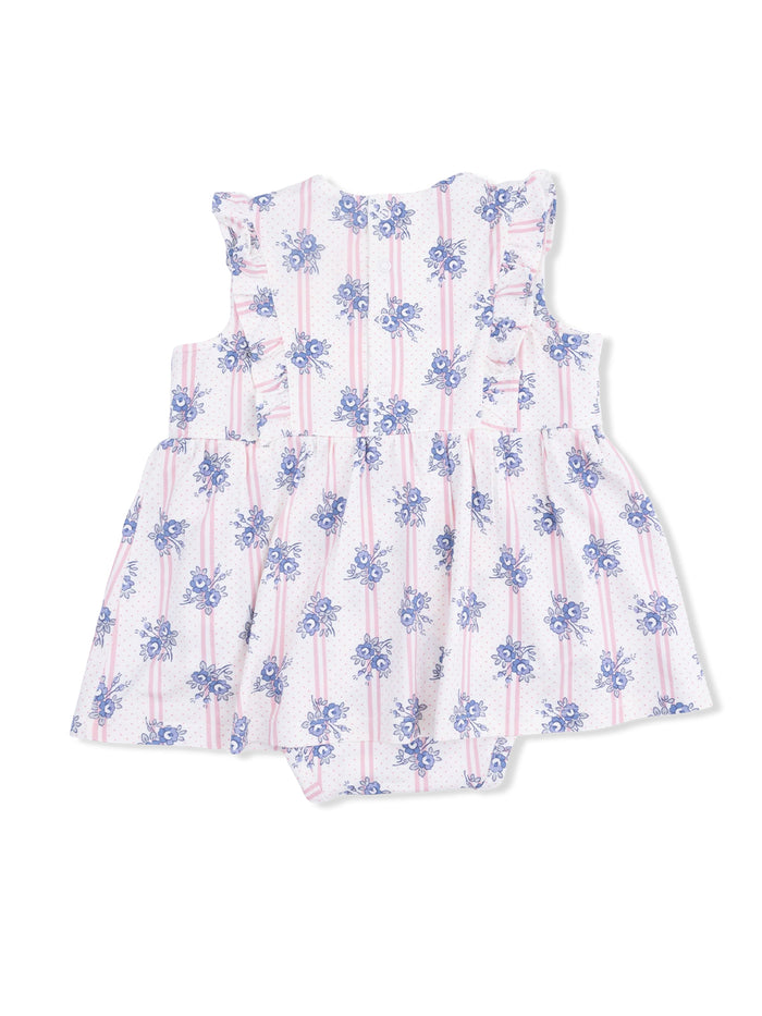 Light pink floral baby dress with ruffled sleeves and a flared skirt. Ideal for warm weather outfits.