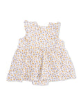 White dress with yellow and purple floral pattern and ruffled sleeves, designed for young children.