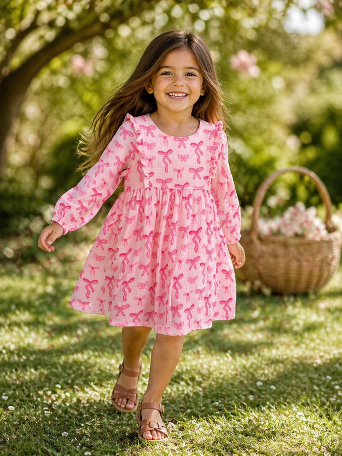 Smiling girl in a pink dress with bows, walking on grass near a basket, enjoying a sunny day outdoors.