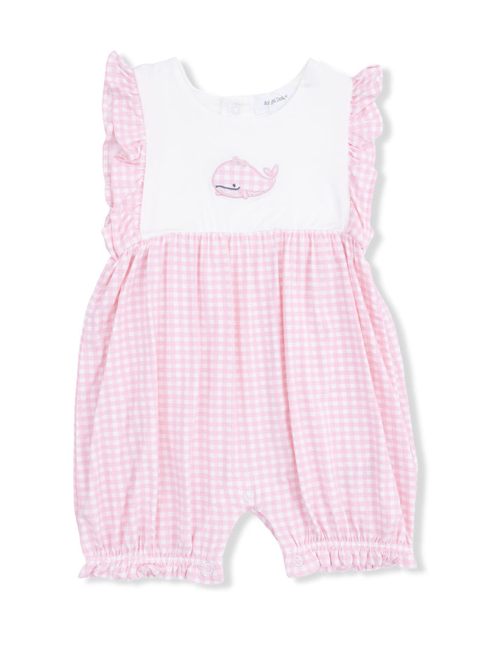 Pink gingham romper with ruffled sleeves and a whale embroidery on the front. Ideal for infants and toddlers.