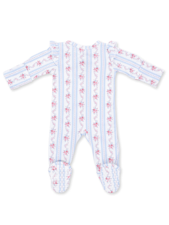Floral-patterned baby onesie in blue with ruffled sleeves and footed design. Ideal for comfort and style.
