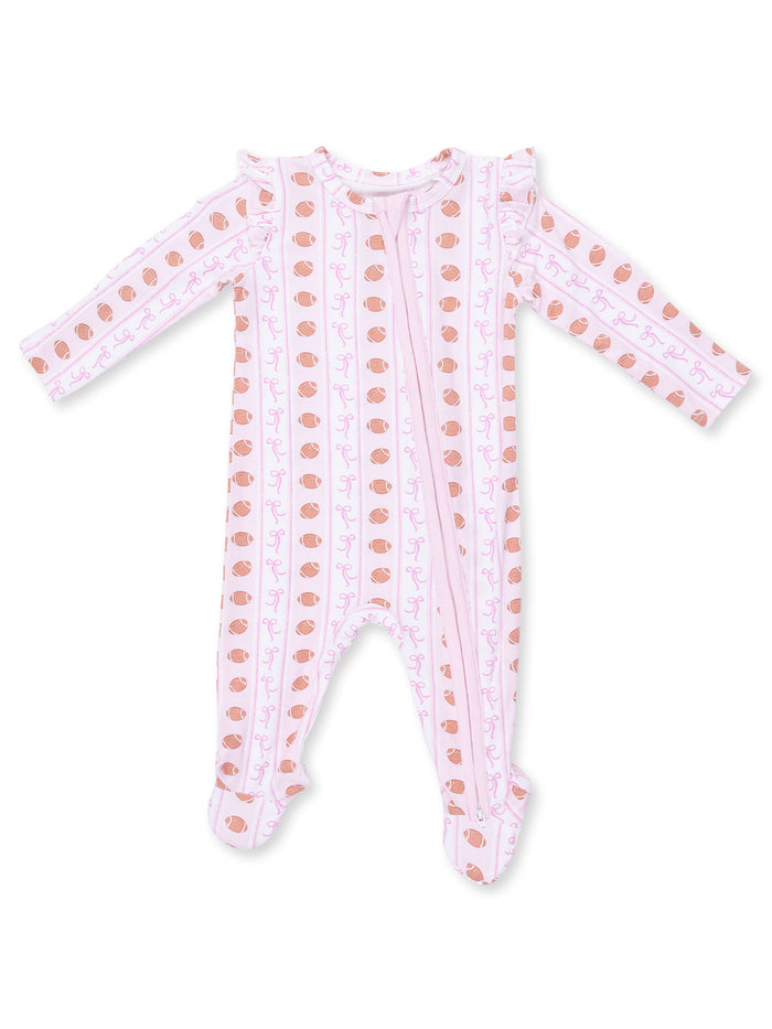 Light pink baby onesie with ruffled shoulders and a playful pattern of brown acorns and pink bows.