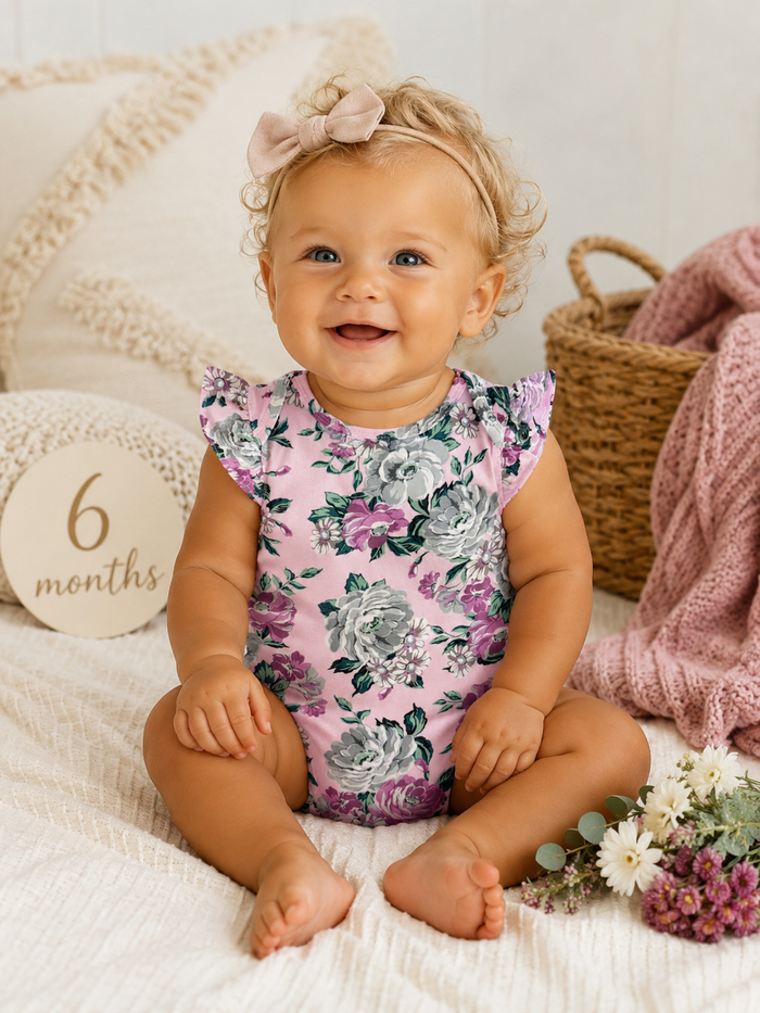 Smiling baby in floral onesie sitting on cozy blanket, surrounded by flowers and a "6 months" sign.