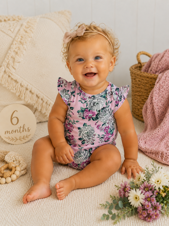 Smiling baby in floral onesie, sitting on a blanket with flowers and a sign saying "6 months."