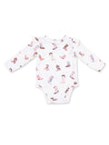 White long-sleeve baby bodysuit with colorful cowboy boot patterns.