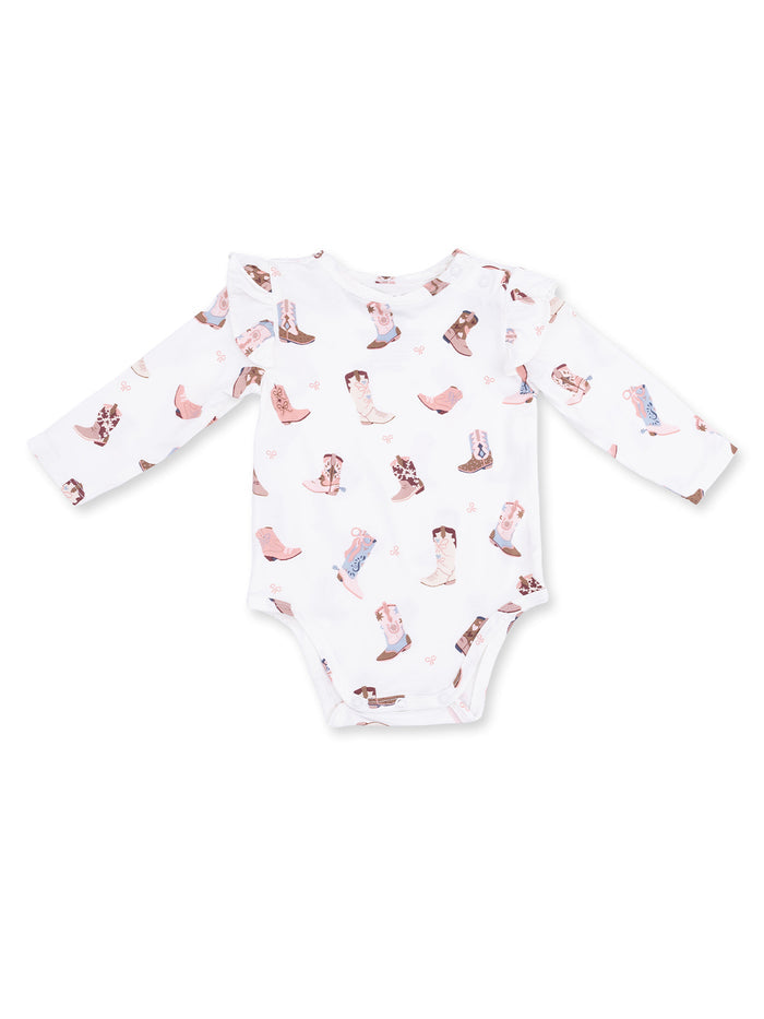 White long-sleeve baby bodysuit with colorful cowboy boot patterns.