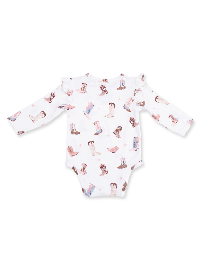 White baby bodysuit with long sleeves, featuring a playful cowboy boot print.