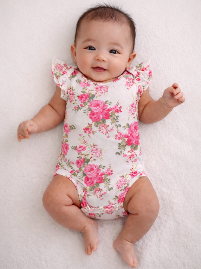 Smiling baby wearing a floral onesie, lying on a soft white blanket.