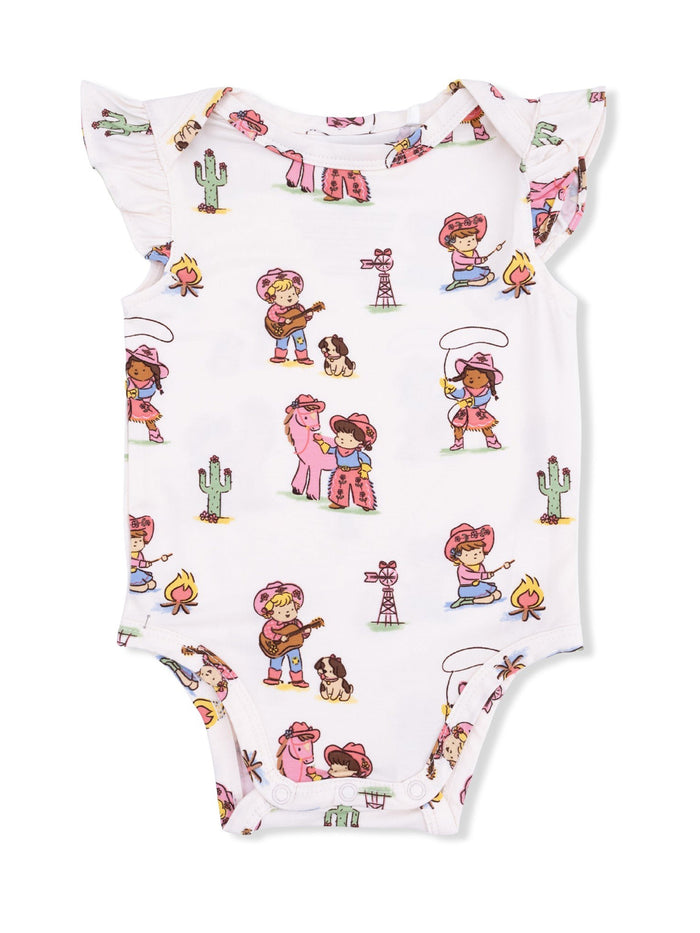 Toddler onesie featuring whimsical western-themed illustrations and ruffled sleeves.