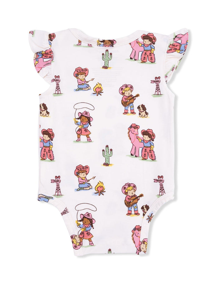 White onesie with playful cowboy-themed illustrations, including guitars, cacti, and campfires.