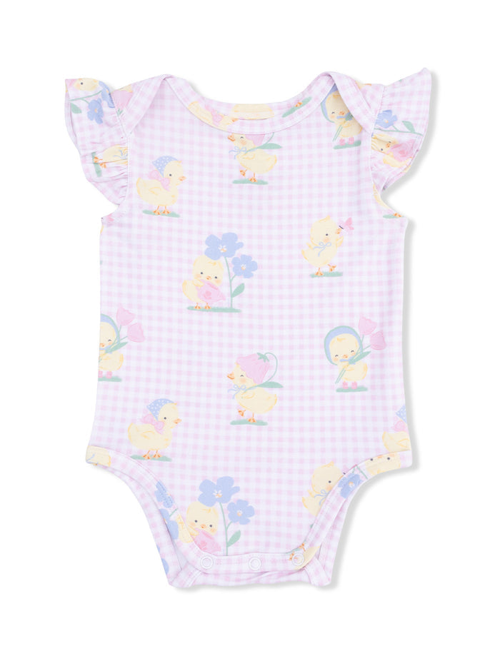 Light purple baby onesie featuring cute ducklings and flowers with ruffled sleeves, perfect for springtime outfits.