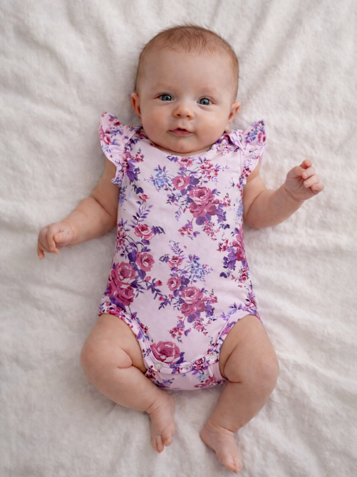 Smiling baby girl in floral onesie resting on a soft white blanket.