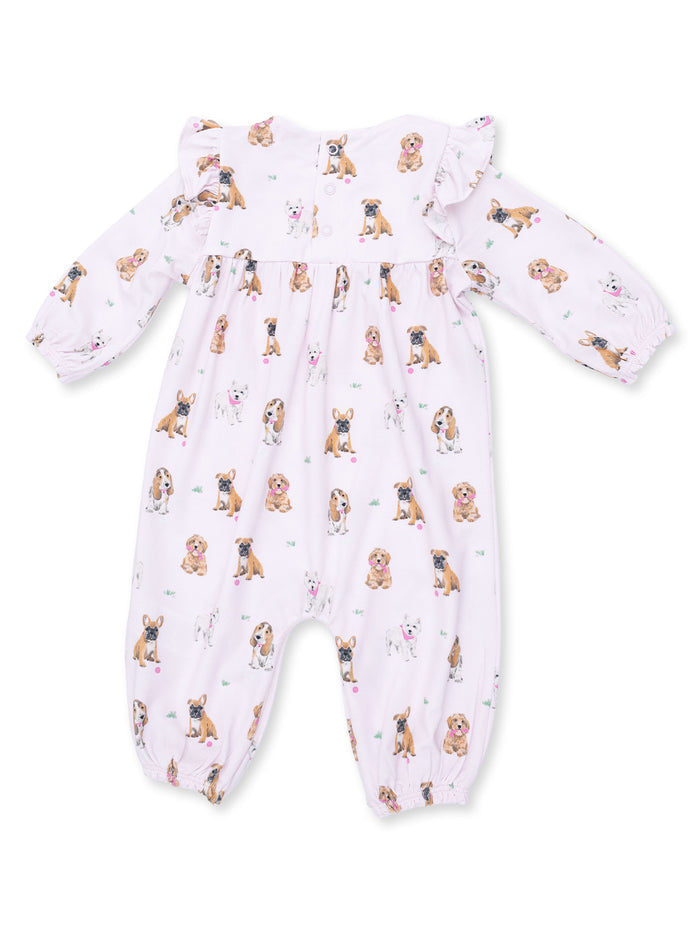 Pink baby romper with cute dog prints and ruffled sleeves. Perfect for infants and toddlers.