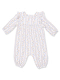 Floral patterned baby romper with long sleeves and ruffled shoulders in soft colors.