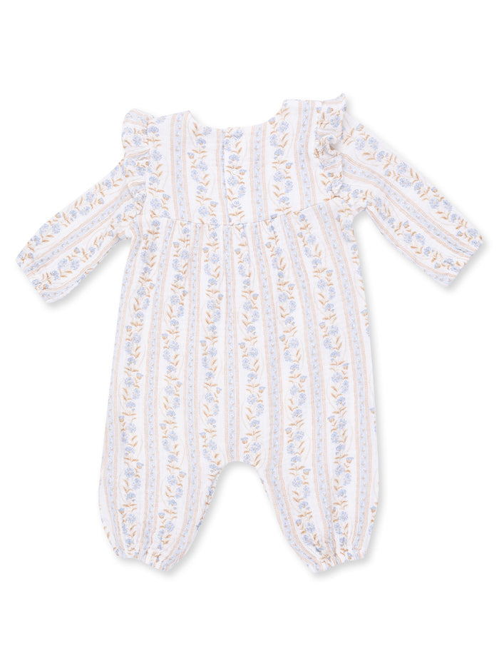 Light floral baby romper with ruffles; white base with blue and yellow stripes, perfect for warm weather.