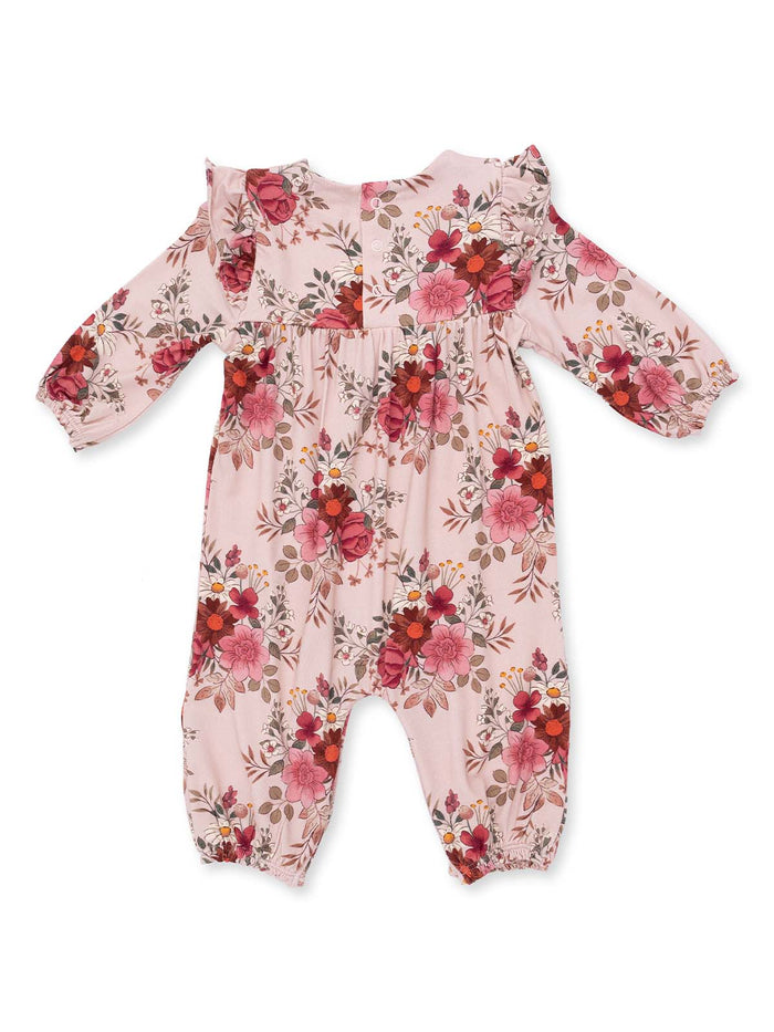 Pink floral baby romper with ruffled sleeves and buttons, perfect for spring and summer wear.