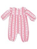 Pink striped baby romper with floral accents and ruffled sleeves. Perfect for casual or special occasions.