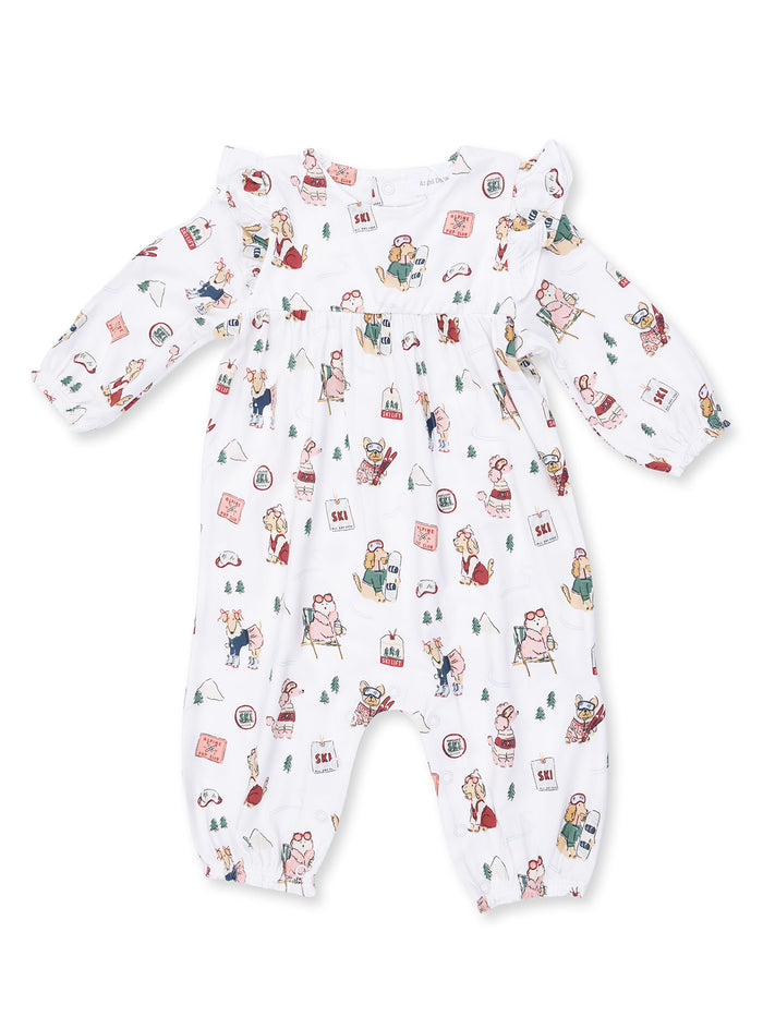White infant romper featuring playful animal illustrations and a cozy design, perfect for casual outings.