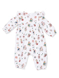 White infant romper featuring playful animal illustrations and a cozy design, perfect for casual outings.