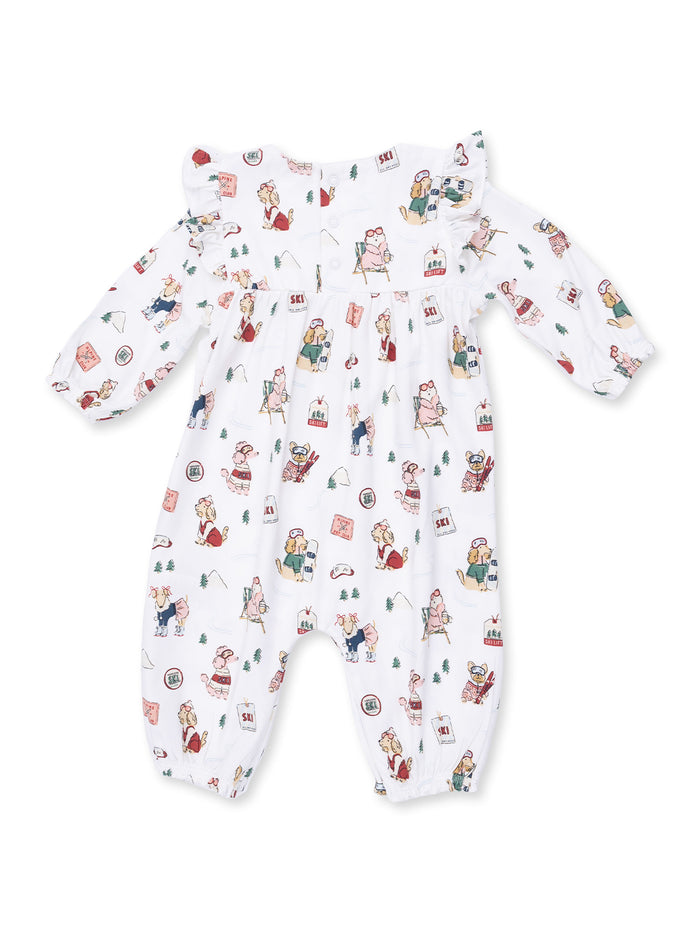 Children's white romper featuring playful pattern with skiing animals and colorful motifs. Suitable for casual wear.