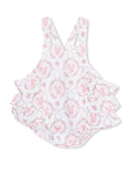 White baby romper with pink bunny pattern and frilled layers, ideal for spring or summer wear.