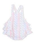 White ruffled one-piece swimsuit with pink and blue floral stripes. Ideal for children’s summer wear.