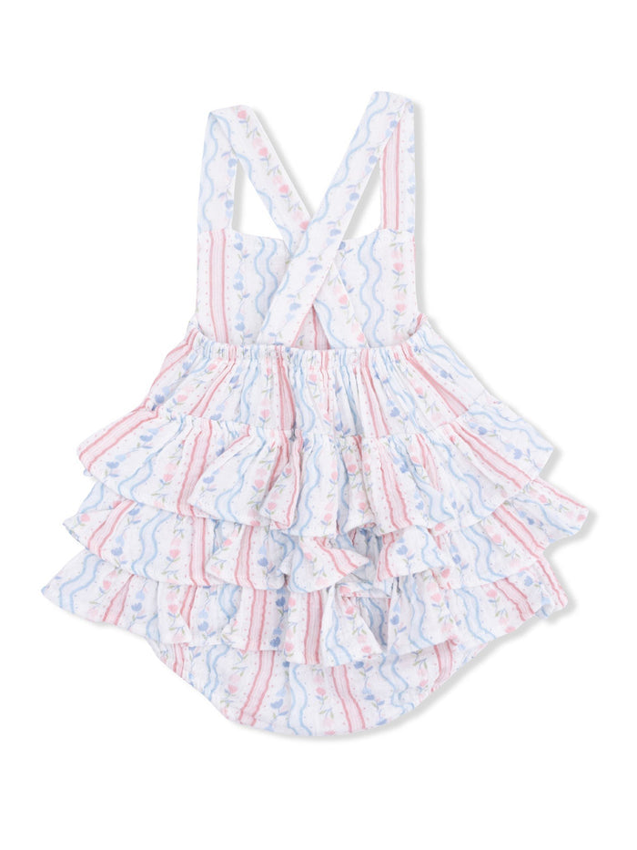 Ruffled children's dress with blue, pink, and white floral patterns and crisscross straps.