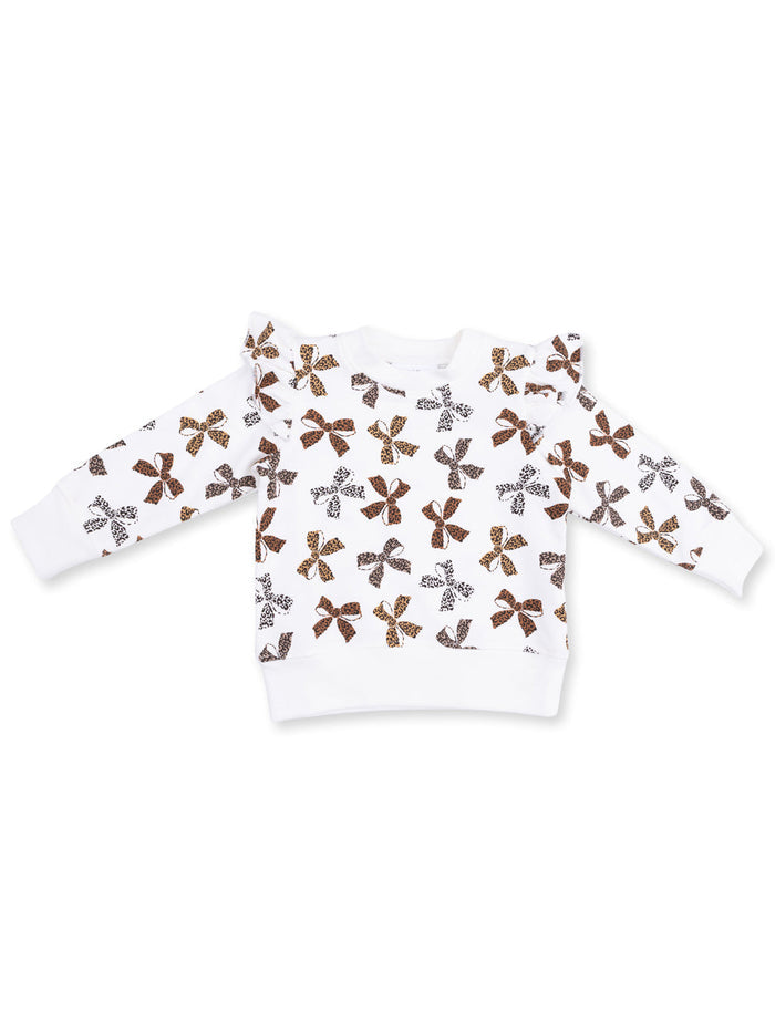 White sweatshirt with colorful bow patterns, featuring ruffled sleeves for a stylish touch. Perfect for kids.
