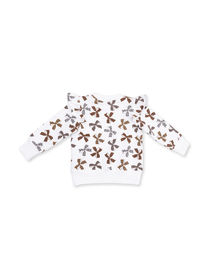Back view of a white sweatshirt featuring a playful floral and animal print design.
