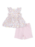 Floral top with ruffled sleeves and pink shorts for toddlers. Bright and colorful outfit suitable for warm weather.