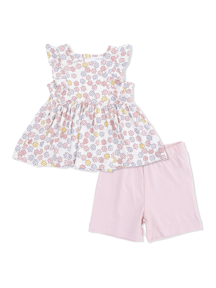 Floral top with ruffled sleeves and pink shorts for toddlers. Bright and colorful outfit suitable for warm weather.