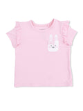 Light pink short-sleeve shirt with ruffles and a bunny pocket design. Ideal for children’s casual wear.